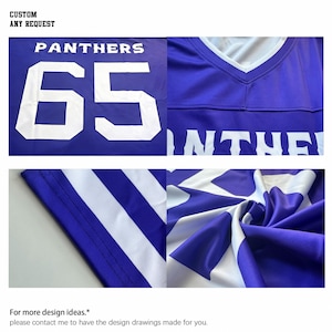 May include: A close-up of a blue jersey with white lettering and the word "PANTHERS" at the top. The number "65" is prominently displayed. The jersey has a V-neck design. The image also includes the text "CUSTOM ANY REQUEST".