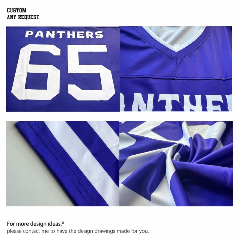 May include: A close-up of a blue jersey with white lettering and the word "PANTHERS" at the top. The number "65" is prominently displayed. The jersey has a V-neck design. The image also includes the text "CUSTOM ANY REQUEST".