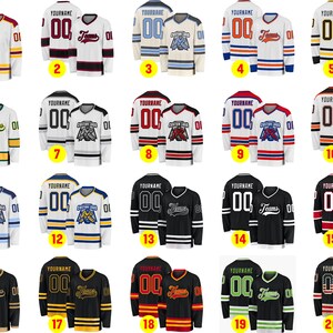 May include: A collection of twenty hockey jerseys in various color combinations. Each jersey features a team name, number, and logo. Colors include red, black, white, blue, green, and gold. The jerseys are displayed in pairs.