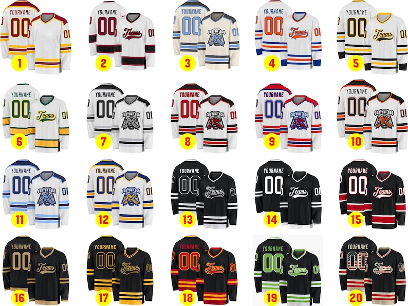 May include: A collection of twenty hockey jerseys in various color combinations. Each jersey features a team name, number, and logo. Colors include red, black, white, blue, green, and gold. The jerseys are displayed in pairs.