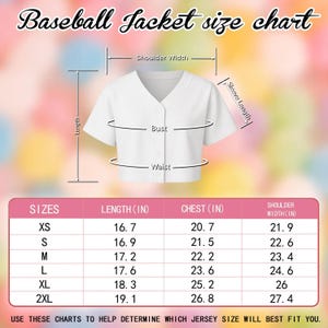 May include: A white baseball jacket with a V-neck, displayed with a size chart. The chart lists sizes XS to 2XL, with measurements for length, chest, and shoulder width in inches. Text at the bottom reads: USE THESE CHARTS TO HELP DETERMINE WHICH JERSEY SIZE WILL BEST FIT YOU.