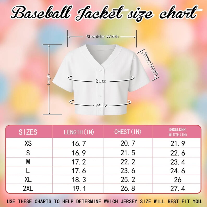May include: A white baseball jacket with a V-neck, displayed with a size chart. The chart lists sizes XS to 2XL, with measurements for length, chest, and shoulder width in inches. Text at the bottom reads: USE THESE CHARTS TO HELP DETERMINE WHICH JERSEY SIZE WILL BEST FIT YOU.