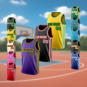 May include: A collection of basketball jerseys in various colors, including black, yellow, purple, green, and blue. Each jersey features the text "TEAM NAME" and the number "00". The jerseys have contrasting trim and vertical stripes.