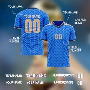 May include: Blue soccer jersey with a leaf pattern, featuring the number "00" on the front and back. The jersey includes space for a team name, your name, and a logo. The design is shown from both the front and back.