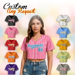 May include: A woman wearing a pink baseball jersey with white pinstripes, the text "Teamname 66" in blue, and a variety of other baseball jerseys in different colors. The text "Custom Any Request" is at the top.