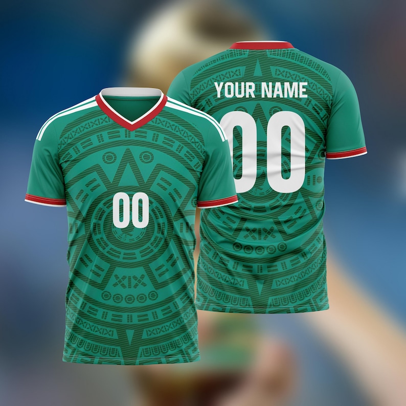 May include: Green soccer jersey with white accents, a red collar, and the number "00" in white. The jersey features a geometric design in dark green and the text "YOUR NAME" on the back.
