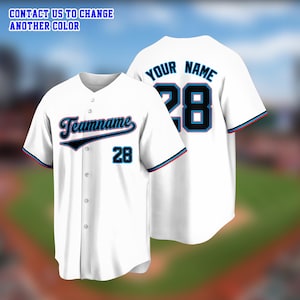 May include: White baseball jersey with the text "Teamname" and the number "28" on the front. The back of the jersey displays "Your Name" and the number "28". The jersey has blue and red trim on the sleeves.