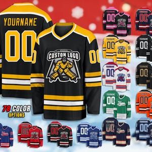 May include: Black hockey jersey with gold and white stripes, featuring the text "YOURNAME" and the number "00". The jersey has a custom logo and is displayed with 78 color options.
