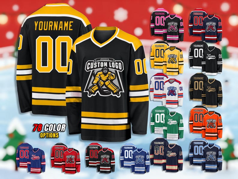 May include: Black hockey jersey with gold and white stripes, featuring the text "YOURNAME" and the number "00". The jersey has a custom logo and is displayed with 78 color options.