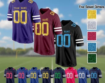 Custom Bling Football Jersey – Personalized Sequin Name, Number & Logo, Glitter Embroidery Cheerleading Shirt, Perfect Mom Gift