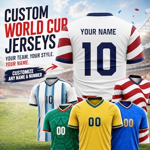 May include: Image of custom World Cup jerseys. The image shows several soccer jerseys with different designs and colors, including white, blue, red, green, and yellow. The jerseys have numbers and the option to customize with a name. Text on the image reads "CUSTOM WORLD CUP JERSEYS."
