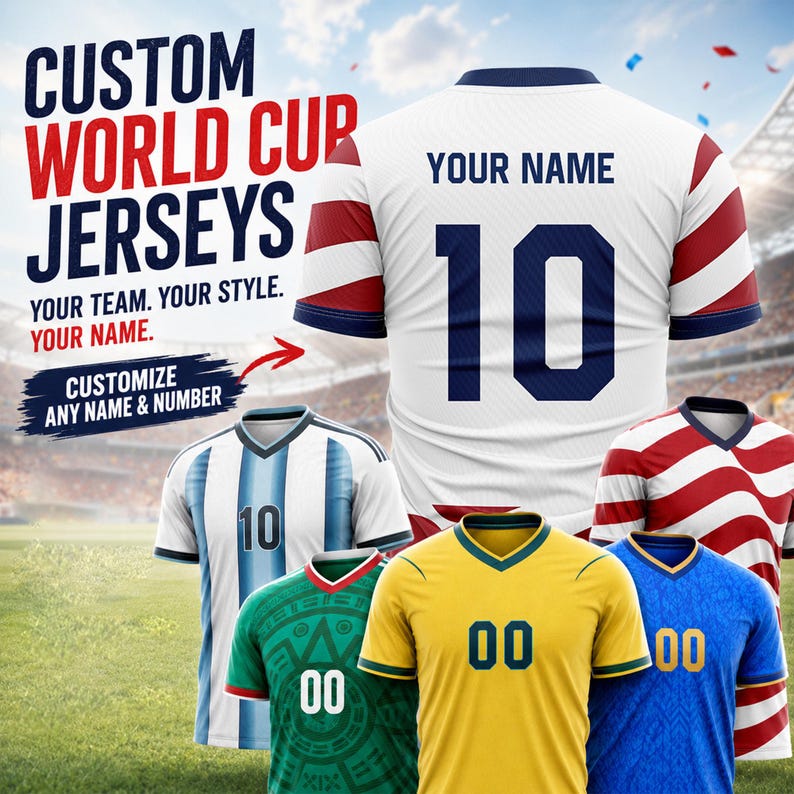 May include: Image of custom World Cup jerseys. The image shows several soccer jerseys with different designs and colors, including white, blue, red, green, and yellow. The jerseys have numbers and the option to customize with a name. Text on the image reads "CUSTOM WORLD CUP JERSEYS."
