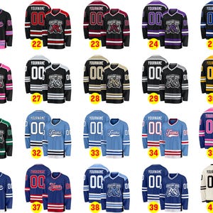 May include: Collection of hockey jerseys in various colors, including black, blue, red, and pink. Each jersey features a custom logo, the number "00", and the word "Yourname" above the number. The jerseys are designed for team sports.