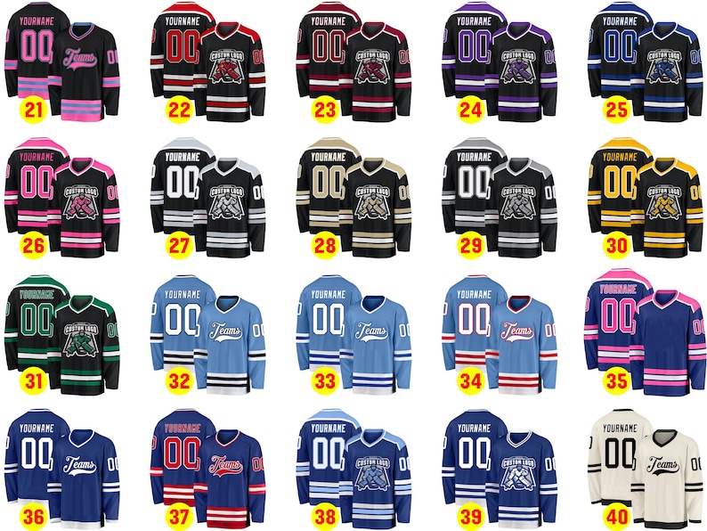May include: Collection of hockey jerseys in various colors, including black, blue, red, and pink. Each jersey features a custom logo, the number "00", and the word "Yourname" above the number. The jerseys are designed for team sports.