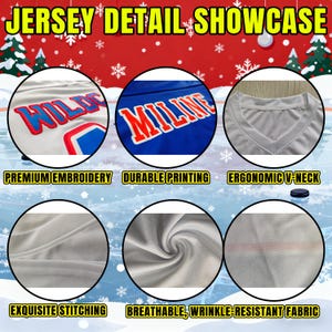 May include: Image showcasing jersey details. Features include premium embroidery, durable printing, and an ergonomic V-neck. The jersey is made with exquisite stitching and breathable, wrinkle-resistant fabric. The text "JERSEY DETAIL SHOWCASE" is at the top.