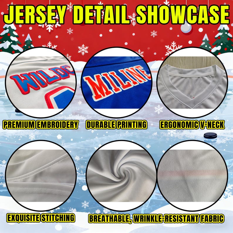 May include: Image showcasing jersey details. Features include premium embroidery, durable printing, and an ergonomic V-neck. The jersey is made with exquisite stitching and breathable, wrinkle-resistant fabric. The text "JERSEY DETAIL SHOWCASE" is at the top.