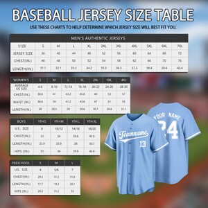 May include: A baseball jersey size table with size charts for men's, women's, boys', and preschool sizes. Two light blue baseball jerseys are shown, one with "Teamname 13" and the other with "Your Name 24".