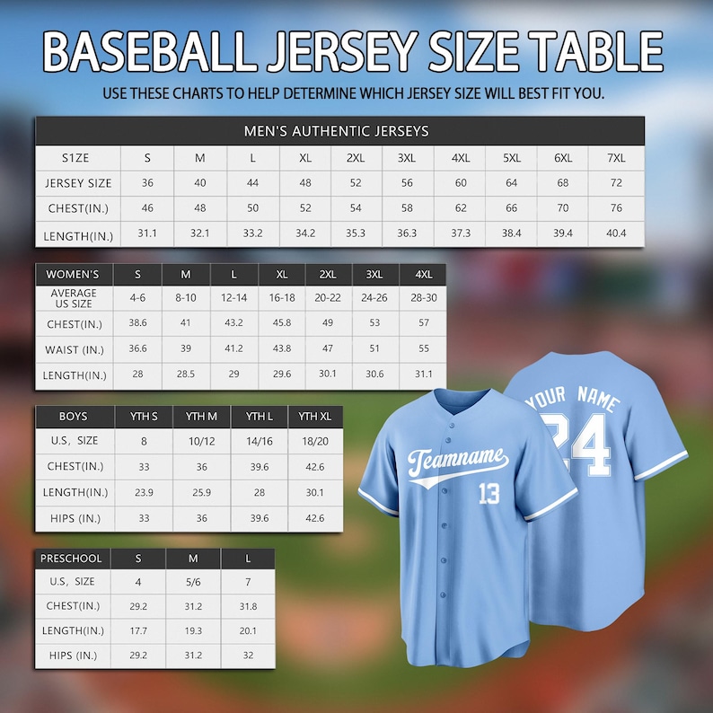 May include: A baseball jersey size table with size charts for men's, women's, boys', and preschool sizes. Two light blue baseball jerseys are shown, one with "Teamname 13" and the other with "Your Name 24".