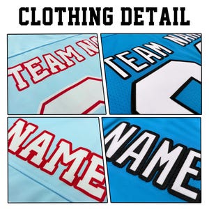 K&ouml;nnte beinhalten: Nahaufnahme von Sporttrikotdetails. Das Bild zeigt vier Tafeln mit verschiedenen Trikotabschnitten. Der Text "CLOTHING DETAIL" steht oben. Die Trikots sind hellblau und blau mit wei&szlig;en und roten Buchstaben.