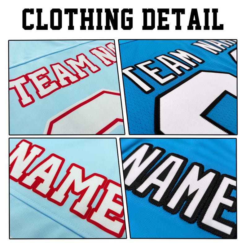 K&ouml;nnte beinhalten: Nahaufnahme von Sporttrikotdetails. Das Bild zeigt vier Tafeln mit verschiedenen Trikotabschnitten. Der Text "CLOTHING DETAIL" steht oben. Die Trikots sind hellblau und blau mit wei&szlig;en und roten Buchstaben.