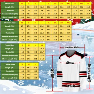 May include: White hockey jersey with black and red accents, featuring size charts for men, women, youth, and toddler sizes. Measurements are in inches for length, chest, waist, shoulder width, and sleeve length.