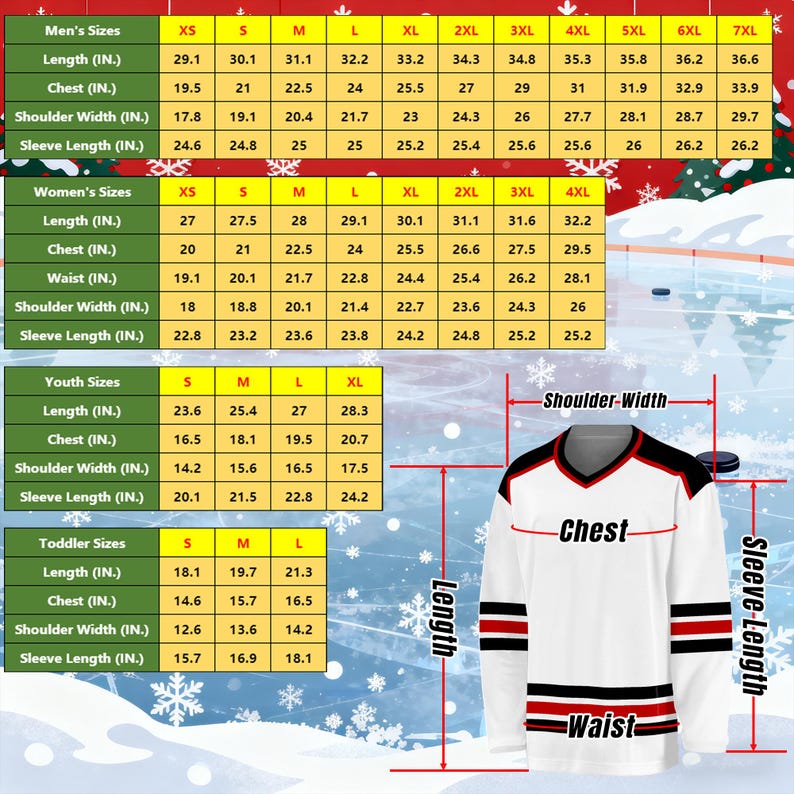 May include: White hockey jersey with black and red accents, featuring size charts for men, women, youth, and toddler sizes. Measurements are in inches for length, chest, waist, shoulder width, and sleeve length.
