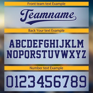 May include: Image showing examples of text styles for sports team apparel. Includes a cursive "Teamname" example, an uppercase alphabet, and numbers 0-9, all in a navy blue color. The text is displayed on a light blue background.