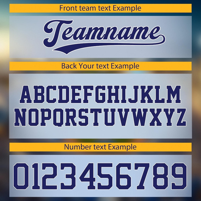 May include: Image showing examples of text styles for sports team apparel. Includes a cursive "Teamname" example, an uppercase alphabet, and numbers 0-9, all in a navy blue color. The text is displayed on a light blue background.