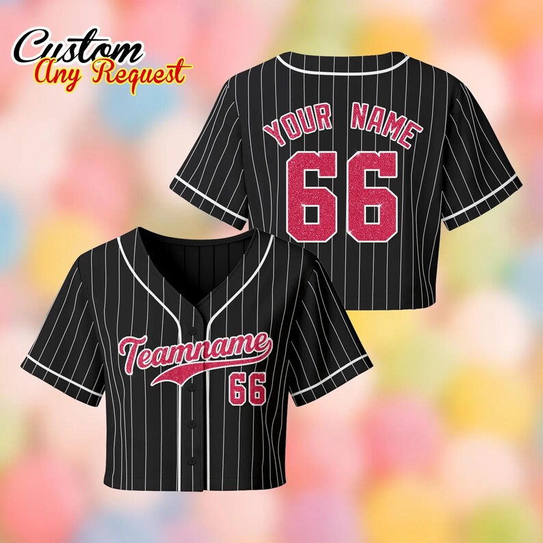 May include: Black and white striped baseball jersey with white trim. The jersey has a V-neck and buttons down the front. The text "Teamname" and the number "66" are on the front. The back of the jersey has the text "Your Name" and the number "66". The words "Custom Any Request" are in the top left corner.