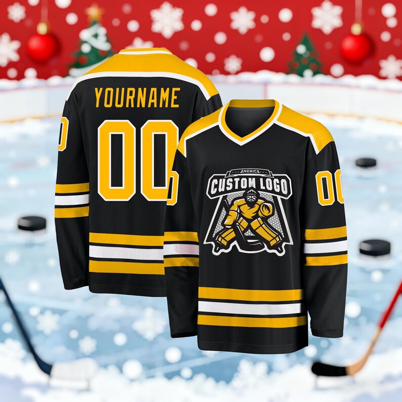 May include: Black and yellow hockey jersey with the text "YOURNAME" and the number "00" on the back. The front features a custom logo and the number "00". The jersey has yellow stripes and trim.