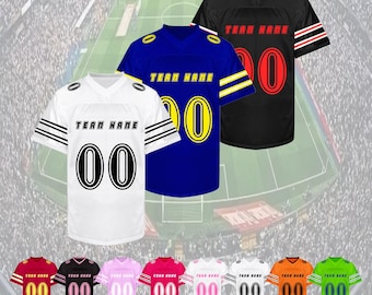 May include: Football jerseys in white, blue, and black, each with "TEAM NAME" and the number "00". Additional jerseys in various colors are displayed below. The jerseys have a V-neck design and striped sleeves.