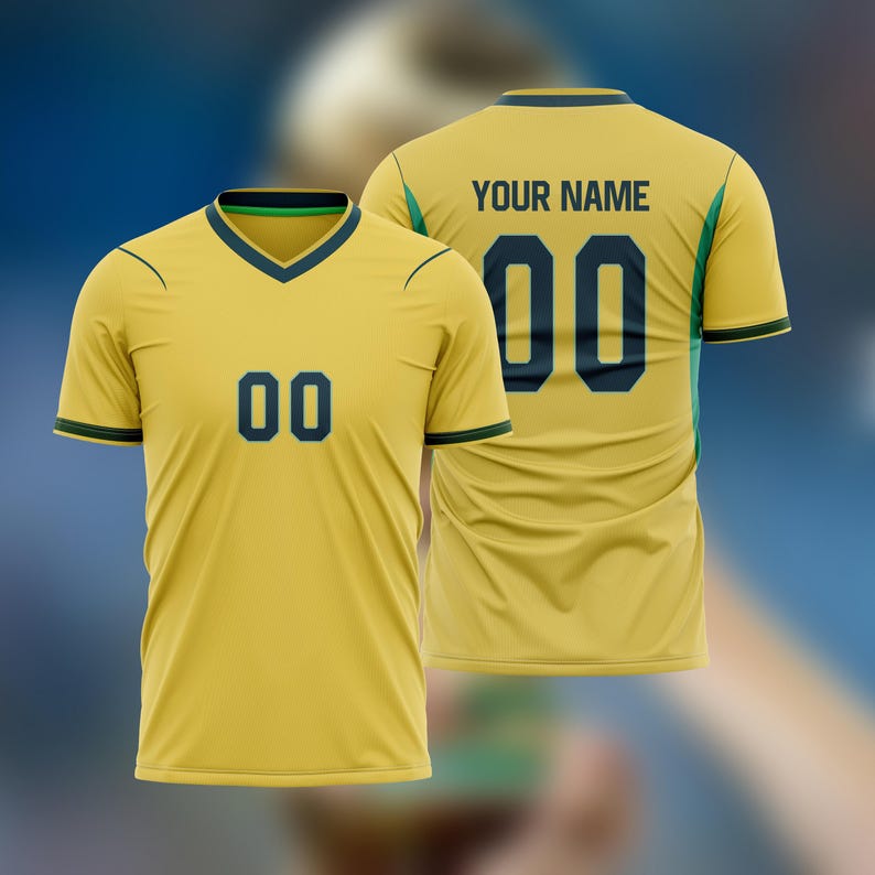 May include: A yellow soccer jersey with a V-neck collar and short sleeves. The jersey has the number "00" in navy blue on the front and back. The back of the jersey also displays "YOUR NAME" in black text.