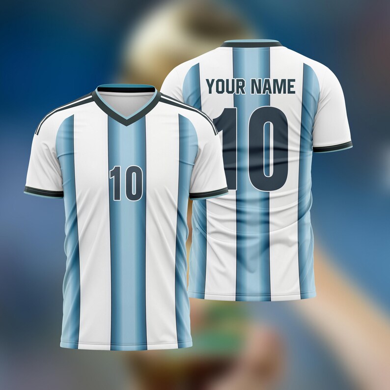May include: White and light blue soccer jersey with vertical stripes and the number 10 on the front and back. The back of the jersey has the text "YOUR NAME" above the number. The jersey has a V-neck collar and black trim.