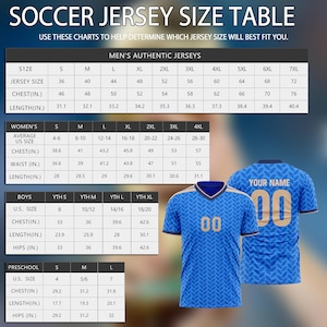 May include: A blue soccer jersey size chart with measurements in inches for men, women, boys, and preschool sizes. The chart includes chest, length, and waist measurements. A blue jersey with the number "00" is displayed.