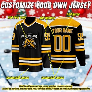 May include: Black and gold hockey jerseys with white stripes. One jersey features a custom logo and the number 99. The other jersey displays the text "YOUR NAME" and the number 00. The image includes text that says "Customize Your Own Jersey".