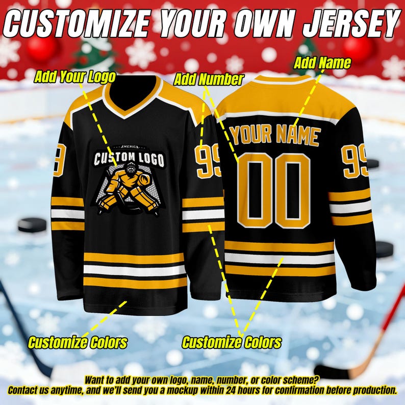 May include: Black and gold hockey jerseys with white stripes. One jersey features a custom logo and the number 99. The other jersey displays the text "YOUR NAME" and the number 00. The image includes text that says "Customize Your Own Jersey".