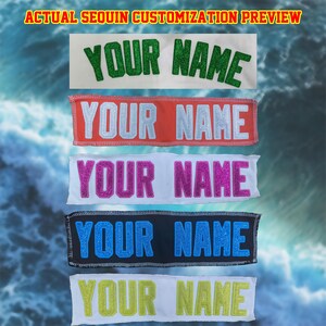 May include: Image shows a preview of customizable sequin patches. Each patch displays the text "YOUR NAME" in various colors: green, silver, pink, blue, and yellow. The patches are rectangular with different colored borders and text.