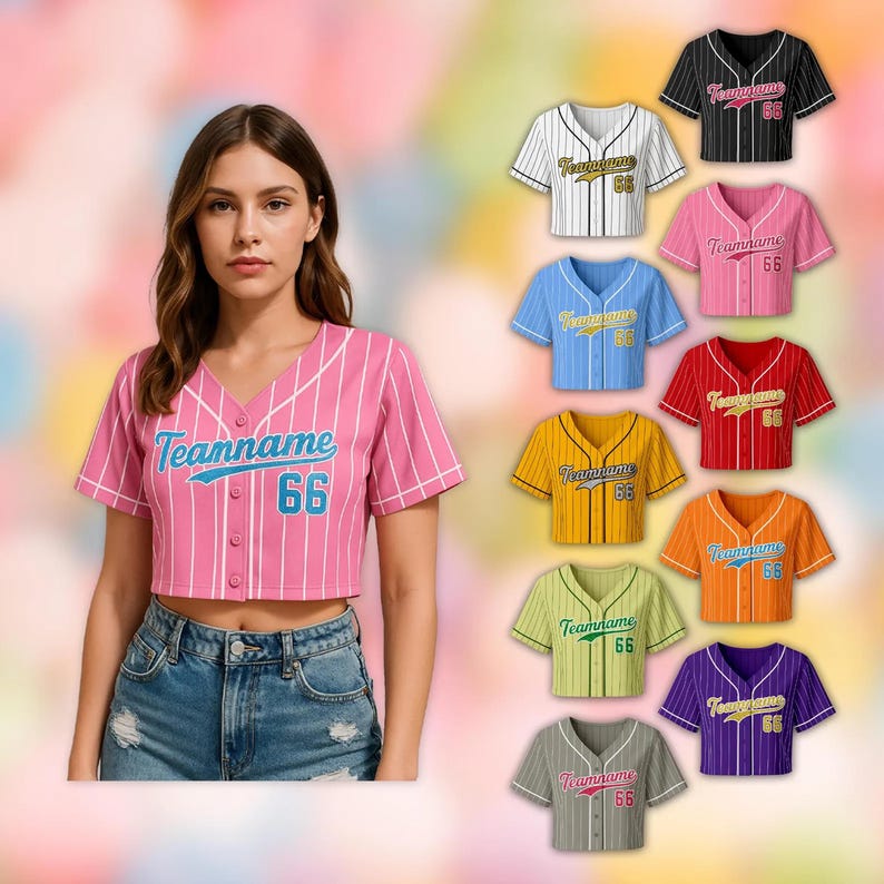 May include: A woman wearing a pink baseball jersey with white vertical stripes, the text "Teamname 66" in blue, and a button-up front. Nine other baseball jerseys in various colors are displayed, including black, white, pink, blue, yellow, red, orange, green, and purple.