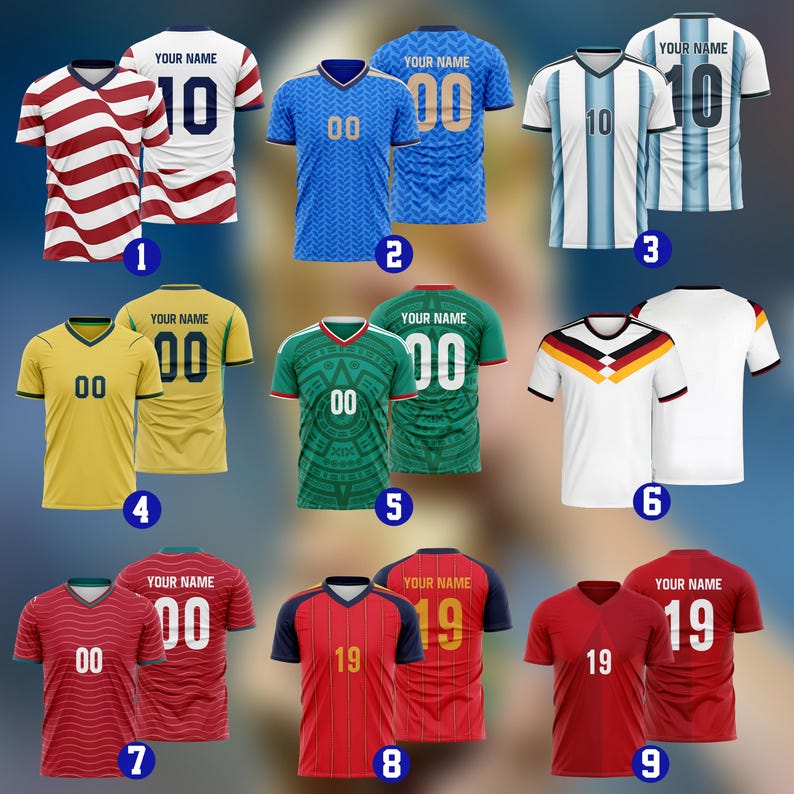 May include: Nine soccer jerseys with different designs and colors. The jerseys include the colors of the USA, Italy, Argentina, Brazil, Mexico, Germany, Portugal, Spain, and a red jersey. Each jersey has a number and space for a name.