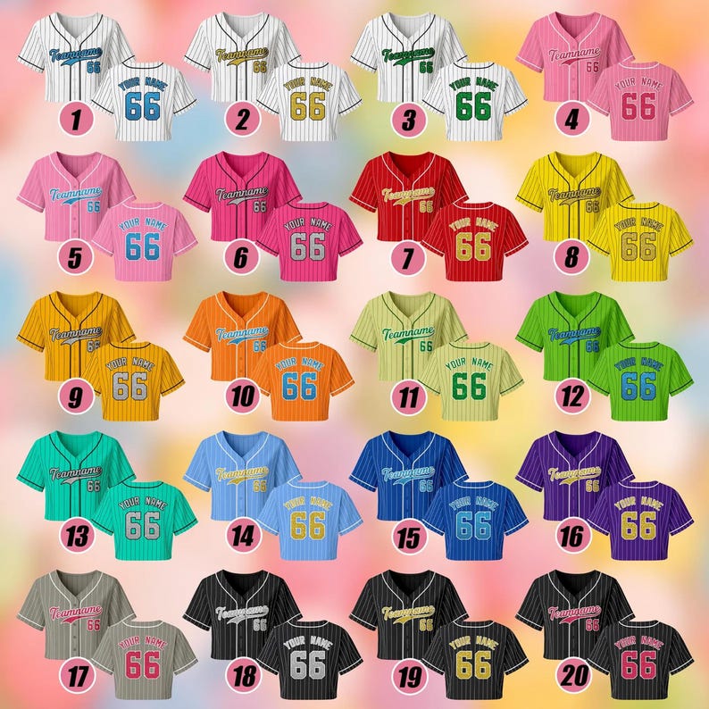May include: A collection of baseball jerseys in various colors, including pink, red, yellow, green, blue, and purple. Each jersey features a team name, a number 66, and the option to add a name. The jerseys have striped and solid designs.