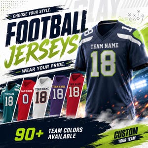 May include: An advertisement for customizable football jerseys. The image features a navy blue jersey with the number 18, and several other jerseys in different colors. Text includes "Choose Your Style," "Football Jerseys," and "Wear Your Pride."