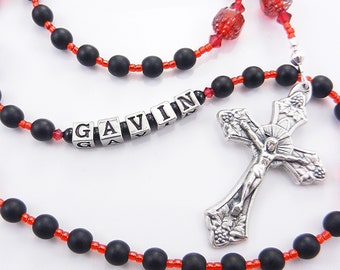 First Communion Rosary Gift for a Boy Personalized Rosary Beads in Matte Black and Red - Baptism, Confirmation - Handmade in USA
