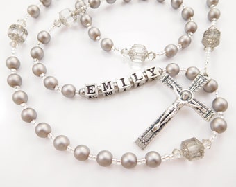 Personalized Rosary Beads in Platinum Gray Czech Glass - Baptism Gift, First Communion Gift, Confirmation, Baby Boy Keepsake, Mother Rosary