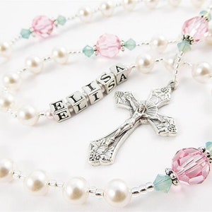 Personalized Rosary Gift for Girl in Pink and Green - Baptism, Christening, First Holy Communion or Confirmation - Handmade in the USA