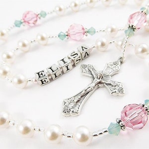Personalized Baby Girl Rosary: Pink & Green Crystals, First Communion Gift