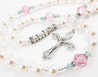 Personalized Rosary Gift for Girl in Pink and Green - Baptism, Christening, First Holy Communion or Confirmation - Handmade in the USA