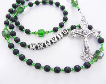 New! Black and Green First Communion Rosary for a Boy - Personalized with a Name or Initials- Baptism, Confirmation - Handmade in USA
