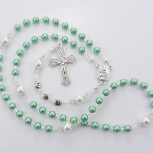 Personalized Green & White Rosary Beads: Austrian Crystal, First Communion Gift