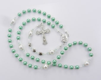 Green and White Personalized Rosary Beads -  Baptism, First Communion, Gift for a Girl or Boy, Handmade in the USA