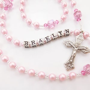 Personalized Rosary Beads in Bubblegum Pink Czech Glass - Baptism Gift, First Communion Gift, Confirmation, Baby or Girl Keepsake